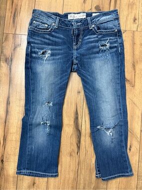 BKE Women’s Distressed Boyfriend Capris - Dark Blue